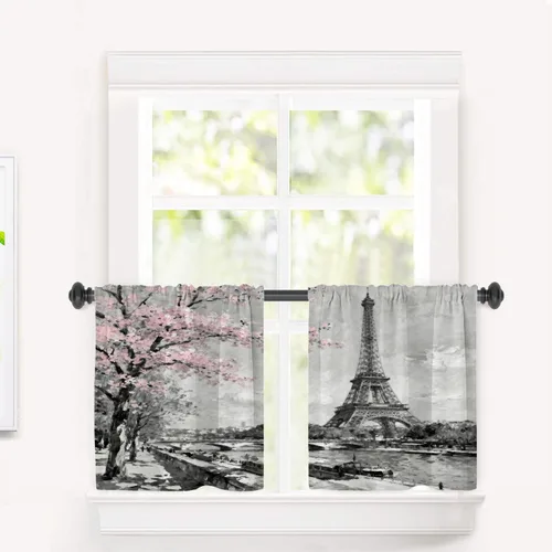 Miniatura 44 de Cortinas opacas de cocina con pintura al óleo de Europa rosa y negra para ventanas, cenefas opacas modernas de torre Eiffel de poliéster multicapa