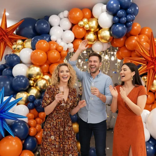 Miniatura 5 de Kit de arco de globos de color azul y naranja, azul marino, naranja, metálico, dorado y blanco, globos de diferentes tamaños para niñas, cumpleaños