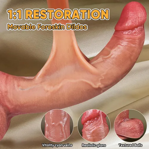 Miniatura 2 de Juguetes sexuales de 9.8 pulgadas con prepucio móvil para adultos, consolador de silicona de color carne para estimulación clitorial vaginal/anal