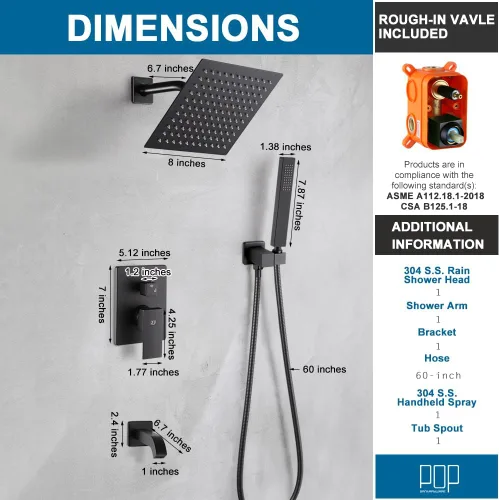 Miniatura 8 de Juego de llave de ducha en negro mate con caño de bañera, sistema de cabezal de ducha de lluvia de 8 pulgadas para baño con llave de mano de una