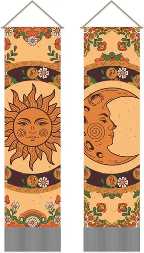 Miniatura 18 de AHANDMAKER 2 tapices de flores y hojas, tapiz de sol y luna, psicodélico largo vertical para colgar en la pared, tapices de estética botánica, tapiz