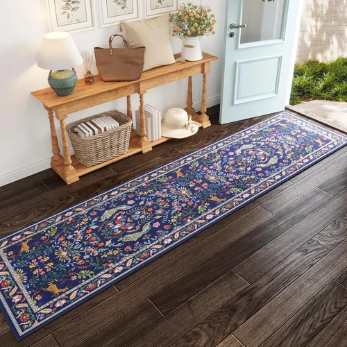 Miniatura 6 de Rugcomf Alfombra de pasillo lavable para cocina 2'6''x8' Alfombra de pasillo para entrada interior floral antideslizante alfombra suave para Azul
