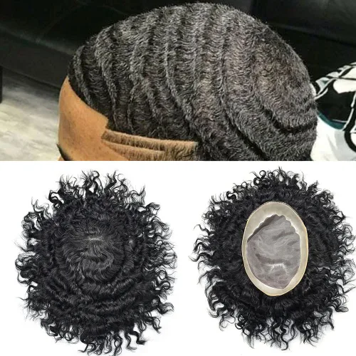 Miniatura 10 de Afro Curl Black Mens Toupee Afro Americano Unidades de Cabello para Hombres Negros Kinky Rizado Fino Mono Brasileño Cabello Humano Pelucas Hombres