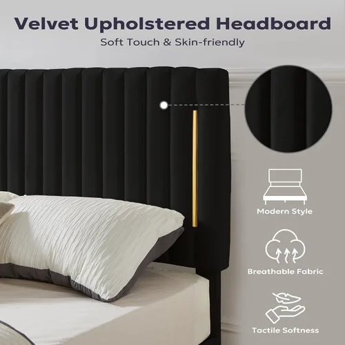 Miniatura 4 de Furnify Armazón de Cama de Plataforma Twin, Marco de Cama Tapizado en Terciopelo con Cabecera Ajustable de Canal Vertical, Ribete de Enchapado