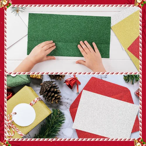 Miniatura 7 de Yeaqee 100 hojas de papel de cartulina con purpurina de Navidad, papel de regalo metálico de 8.5 x 11 pulgadas, cartulina pesada de 8.82 oz/m²
