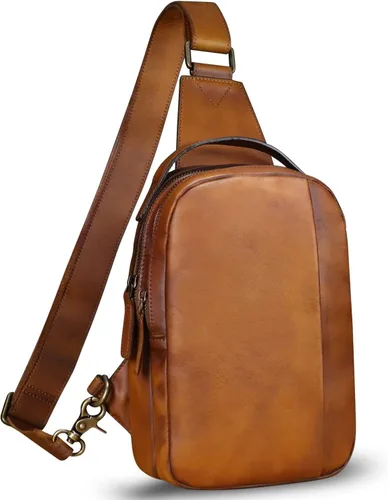LRTO Bolso de cuero genuino para hombres y mujeres, mochila bandolera de cuero real para el pecho, bolso cruzado, Marrón, Mochilas Sling