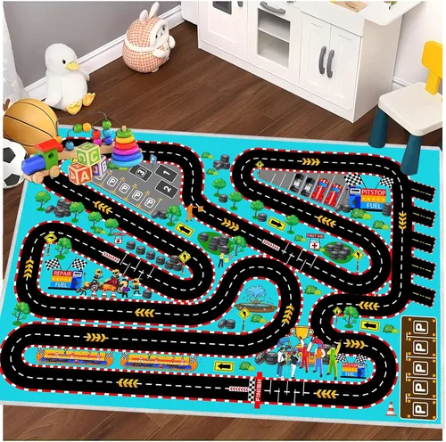 Miniatura 9 de Alfombra de coche para niños para autos de juguete, alfombra de pista de carreras, alfombra de carretera para sala de juegos, aula, habitación