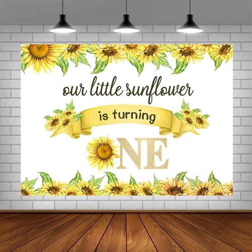 Miniatura 4 de Telón de fondo de feliz cumpleaños de 7 x 5 pies para bebé, niño y niña, con texto en inglés "Our Little Sunflower is Turning One", fondo blanco