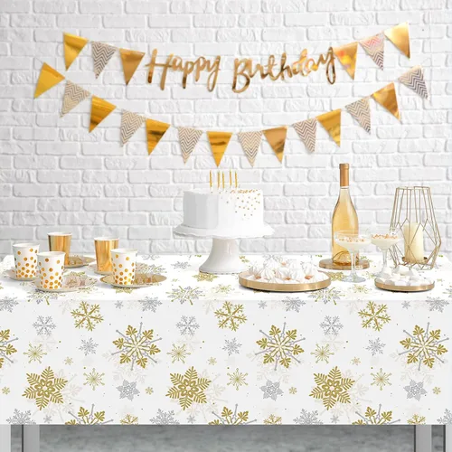 Miniatura 5 de 3 Piezas Decoraciones de Mantel de Fiesta de Plástico con Copos de Nieve de Navidad, Cartel de Fondo Navideño Azul con Copo de Nieve Blanco Cubierta