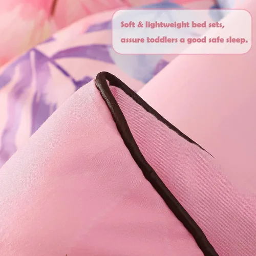 Miniatura 6 de KINBEDY Juego de ropa de cama para niños pequeños, 4 piezas, juego de ropa de cama de unicornio rosa para niñas, suave y lindo diseño floral, juego