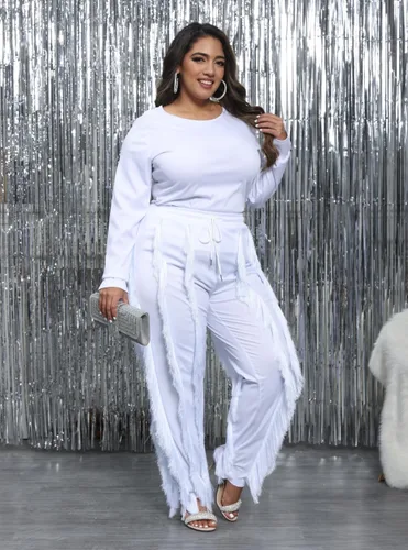 Miniatura 2 de PRIVIMIX Conjunto de 2 piezas para mujer, talla grande, con flecos, con borlas, pantalones largos, sin mangas, camiseta sin mangas, ropa