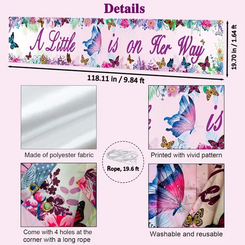 Miniatura 2 de Labakita Pancarta con texto en inglés "A Little Butterfly is on Her Way", decoración de baby shower de mariposa morada para niña, pancarta de patio