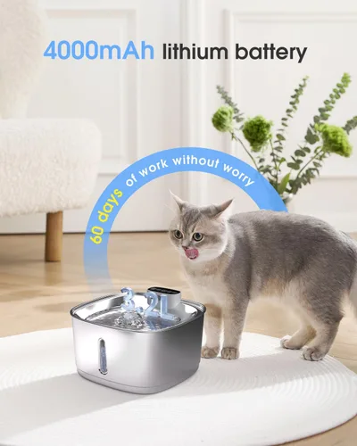 Miniatura 7 de Fuente de agua inalámbrica para gatos de acero inoxidable, fuente de agua inteligente para mascotas, 3.2L/108 onzas con filtros y 2 cabezales