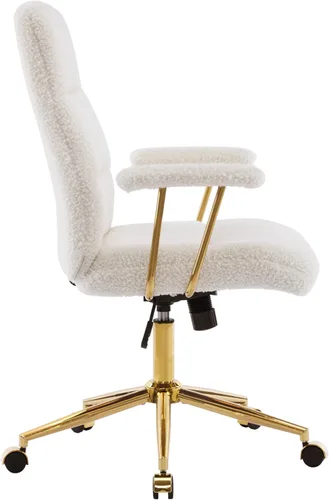 Miniatura 6 de Elegante silla de oficina mullida blanca y dorada con tela texturizada Boucle, moderna silla de escritorio con asiento acolchado, altura ajustable