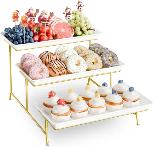 Miniatura 12 de Set de bandejas de servir de 3 niveles de melamina, bandejas de 29 x 14 pulgadas para servir alimentos, bandejas reutilizables blancas con soporte