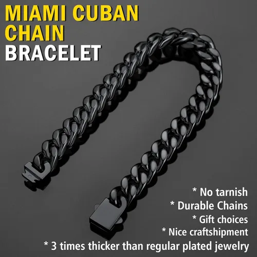 Miniatura 3 de ChainsProMax Pulseras de cadena cubana de acero inoxidable para hombre, 5790.472 in de ancho, 7.58.39 pulgadas de largo, negrodorado