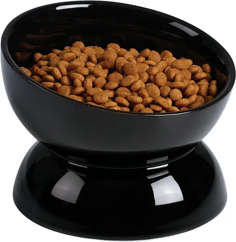 ABRUTY Cuenco de agua para gatos, cuencos elevados de cerámica de 16 onzas, plato de comida para mascotas inclinado y elevado en 15°, antivómito,
