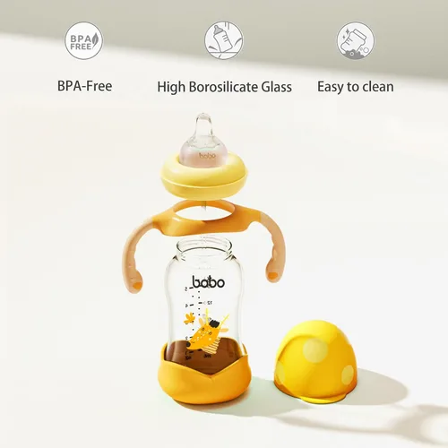 Miniatura 3 de YOHKOH Biberón de vidrio natural con pezón de respuesta natural, biberones de cuello ancho con asa, juego de biberones anticólicos para recién