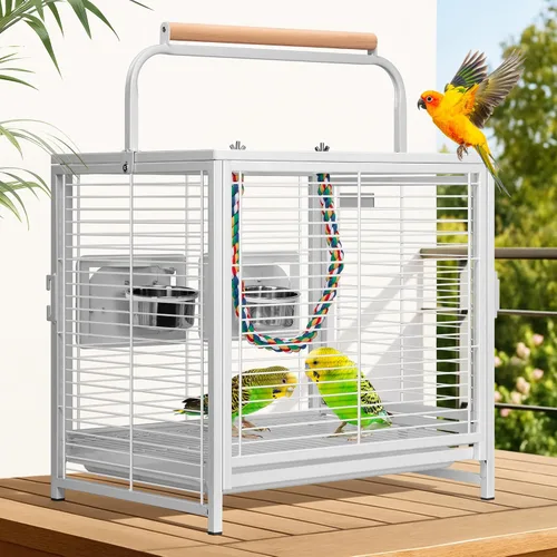 VIVOHOME Jaula de viaje para pájaros de 19 pulgadas de hierro forjado para loros, cotorras, agapornis, cacatúas, periquitos, color blanco
