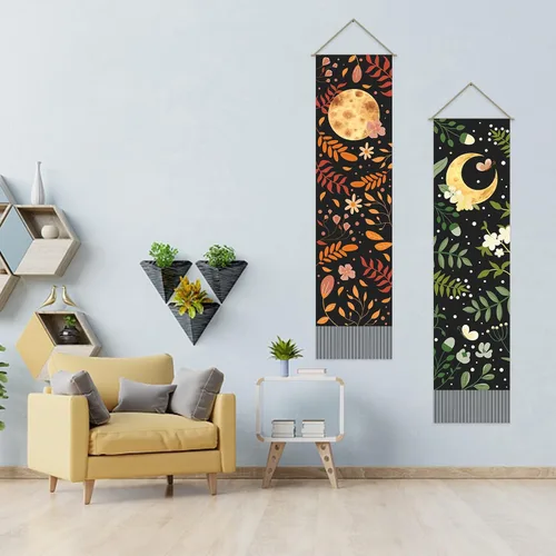 Miniatura 2 de AHANDMAKER 2 tapices de flores y hojas, tapiz de sol y luna, psicodélico largo vertical para colgar en la pared, tapices de estética botánica, tapiz