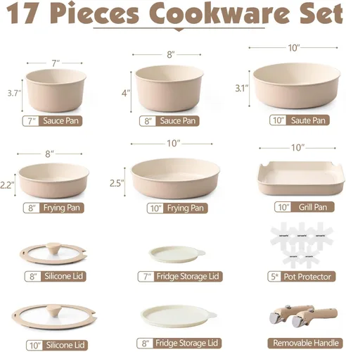 Miniatura 2 de SENSARTE Juego de ollas y sartenes de cerámica de 17 piezas, antiadherentes con mango desmontable, utensilios de cocina de inducción con mango