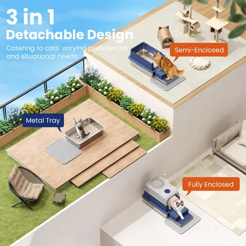 Miniatura 5 de Caja de arena cerrada extragrande, 3 en 1 convertible de acero inoxidable de alta cara con tapa, diseño de pedales de almacenamiento dual, inodoro