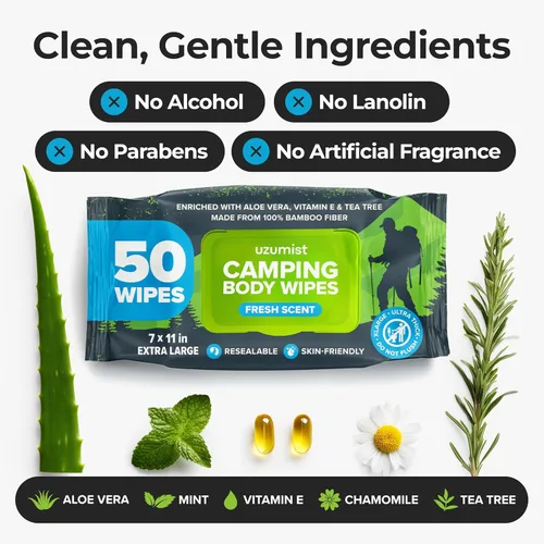 Miniatura 3 de Esenciales para Acampar - Toallitas Corporales para Baño de Adultos en Campamento Sin Enjuague - 50 Toallitas XL Desodorantes para Ducha y Baño