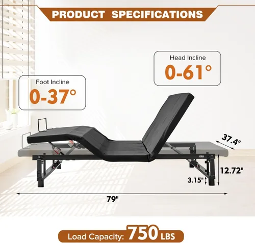 Miniatura 2 de Base de cama ergonómica ajustable tamaño individual XL, control remoto inalámbrico, motor silencioso y duradero, inclinación independiente de cabeza