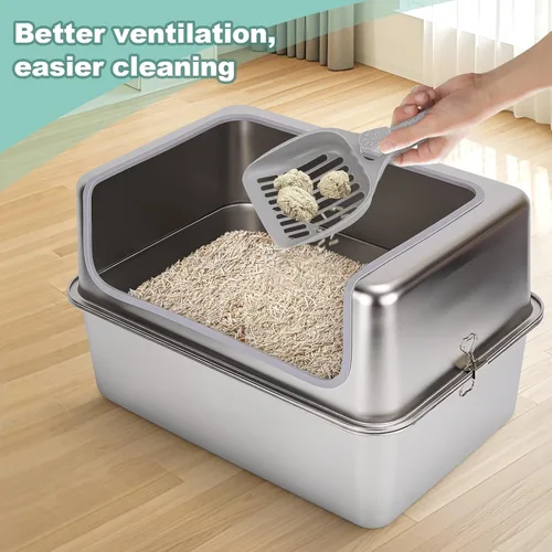Miniatura 7 de Cajas de arena de acero inoxidable XL para gatos con tapa de metal, bandeja de arena extragrande de 20 x 14 x 12 pulgadas con recinto de pared alta