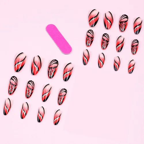 Miniatura 3 de Uñas postizas a presión con degradado rojo, almendra, longitud media, purpurina y líneas negras, uñas postizas de cobertura completa, uñas postizas