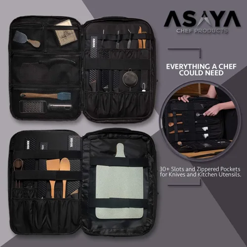 Miniatura 17 de Asaya Mochila para cuchillos de chef con bolsa enrollable de 20 bolsillos, más de 30 bolsillos para cuchillos, cuchillos no incluidos (marrón)