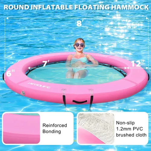 Miniatura 3 de Hamaca de agua inflable Muelle flotante, anillo flotante redondo hamaca flotante inflable para lago, barco, piscina, océano, rosa/verde menta