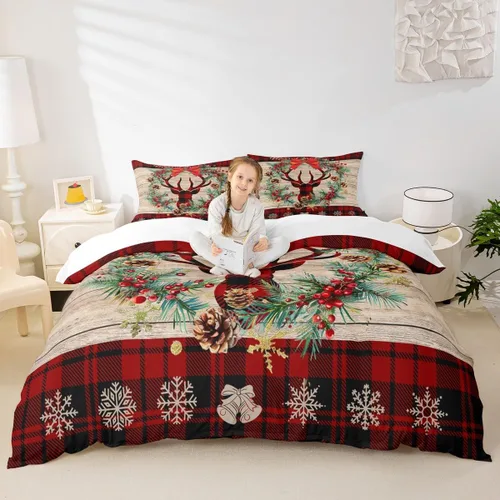 Miniatura 36 de Juego de funda de edredón para niños con diseño de Navidad, tamaño individual, camiones rojos y árboles de pino con copos de nieve, decoración