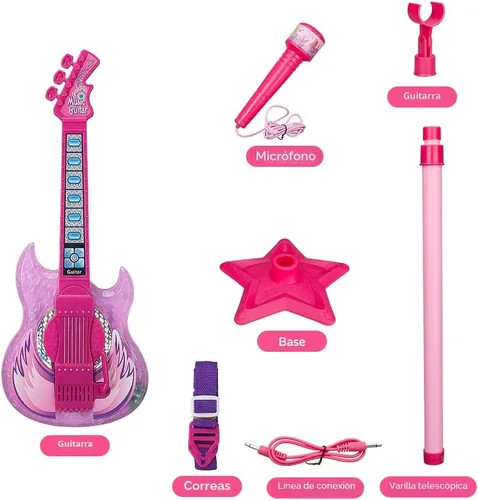 Miniatura 5 de TAKIHON Juego de guitarra y micrófono para niños, juguetes de guitarra con música y luz colorida, micrófono de altura ajustable con soporte
