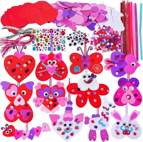 Winlyn Kit de manualidades, 24 juegos de adornos de animales para el día de San Valentín, calcomanías de manualidades de corazón, juegos de arte