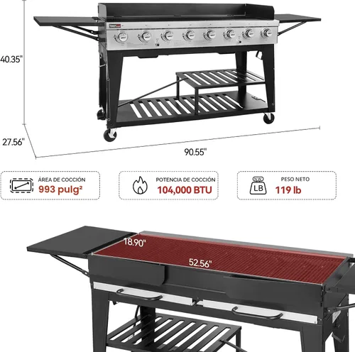 Miniatura 3 de Royal Gourmet Parrilla de gas de 8 quemadores, 104,000 BTU a propano líquido, sistemas duales controlados independientemente, para fiestas al aire