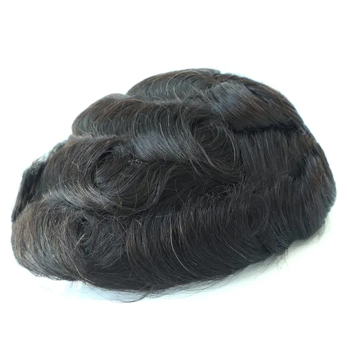 Miniatura 6 de Unidad de sistema de reemplazo de cabello para hombre, revestimiento de poliéster duradero, piel fina, tupé negro, línea capilar natural, cabello