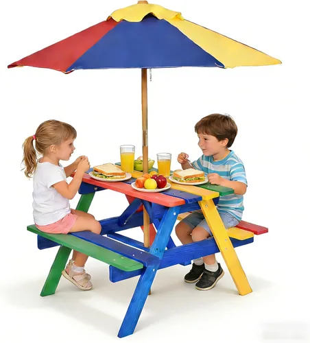 HONEY JOY Mesa de picnic para niños, juego de mesa y banco de madera de abeto para exteriores con paraguas plegable y extraíble, mesas de picnic