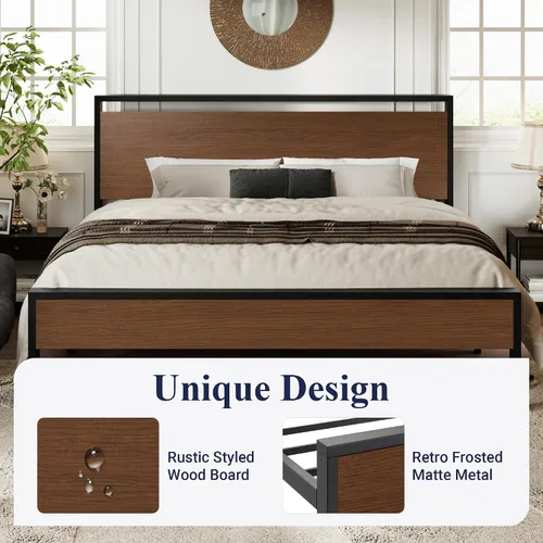 Miniatura 4 de Allewie Base de cama de plataforma tamaño King con cabecera y estribo de madera, soporte de 12 listones de metal resistente, no necesita somier
