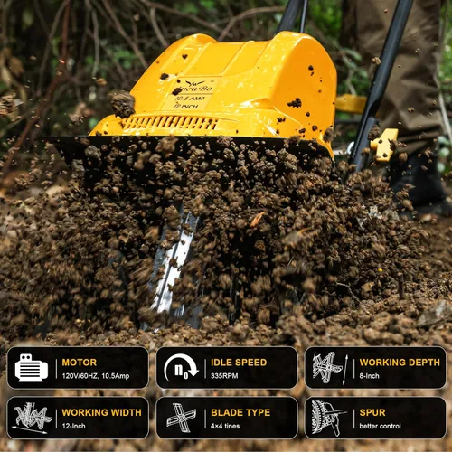 Miniatura 2 de IncwBo Garden Rototiller - Cultivador eléctrico con cable de 12 pulgadas y 10.5 amperios, ruedas ajustables, profundidad de labranza de 8 pulgadas