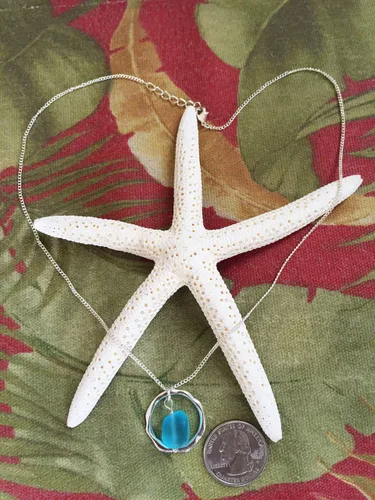 Miniatura 8 de Ocean Waves collar de vidrio de mar, aro bañado en plata con vidrio color turquesa, hecho a mano