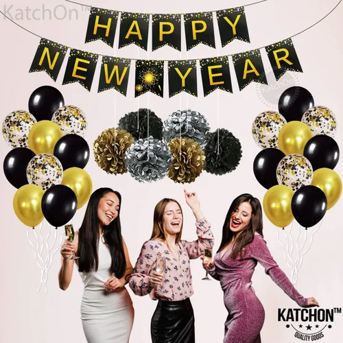 Miniatura 8 de KatchOn, Suministros para fiestas de Año Nuevo 2026 – Paquete de 34 Cartel de feliz año nuevo de 10 pies con pompones Fondo negro y dorado