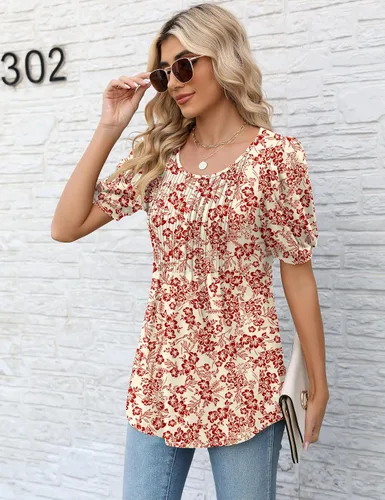 Miniatura 3 de LOMON Blusa de manga larga y corta para mujer, plisada, cuello redondo, estilo casual, holgada, para otoño