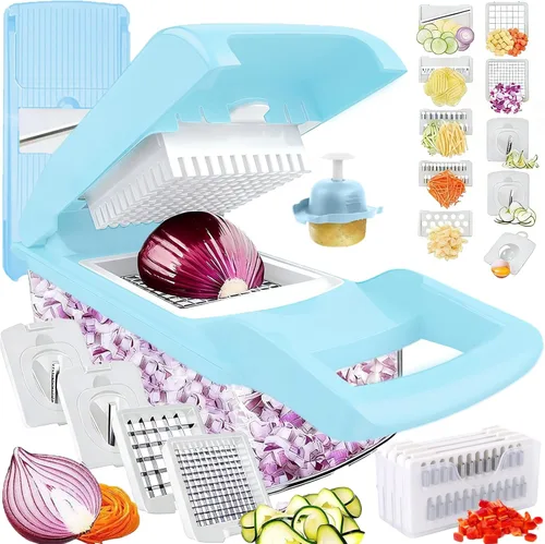 Miniatura 10 de Picador de verduras, picador de cebolla, picador de alimentos multifuncional 13 en 1, cortador de verduras de cocina, picador de verduras Gris