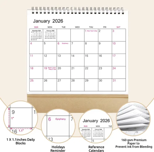 Miniatura 5 de SKYDUE Calendario de escritorio pequeño 2026-2027, de abril de 2026 a diciembre de 2027, calendario de escritorio pequeño de 21 meses con Papel kraft