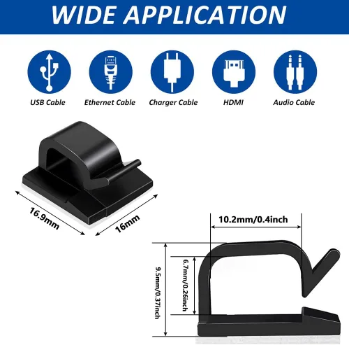 Miniatura 2 de 150 clips adhesivos para cables negros, organizador de cables para exteriores, organizador de cables para debajo del escritorio, automóvil, pared