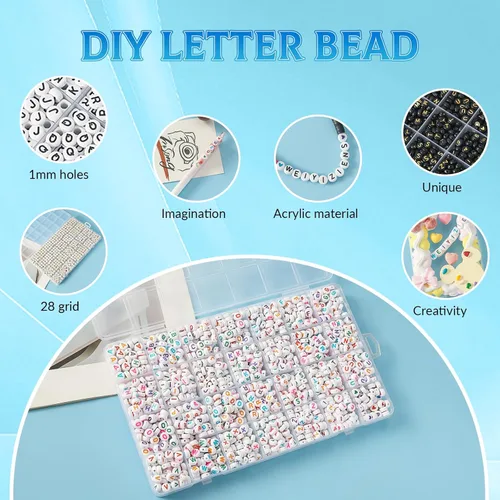 Miniatura 2 de 1400 piezas de cuentas de letras, cuentas de acrílico del alfabeto de 4x7 mm, cuentas para hacer joyas y pulseras, en caja de 28 rejillas