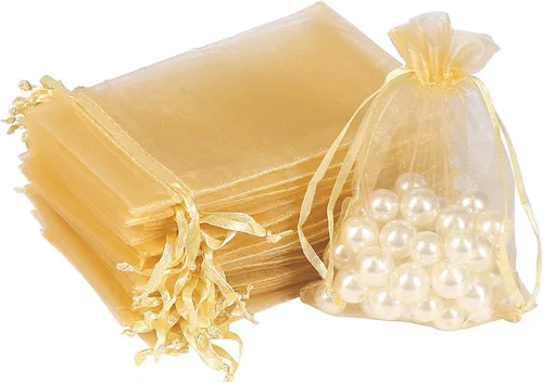 HRX Package 100 bolsas de regalo de organza dorada, 4 x 6 pulgadas, de malla de caramelo, con cordón, bolsas de joyería para Navidad, boda, fiesta
