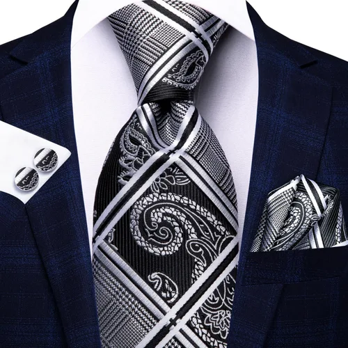 Miniatura 327 de Hi-Tie Corbata clásica de cachemira para hombre con pañuelo y gemelos a cuadros