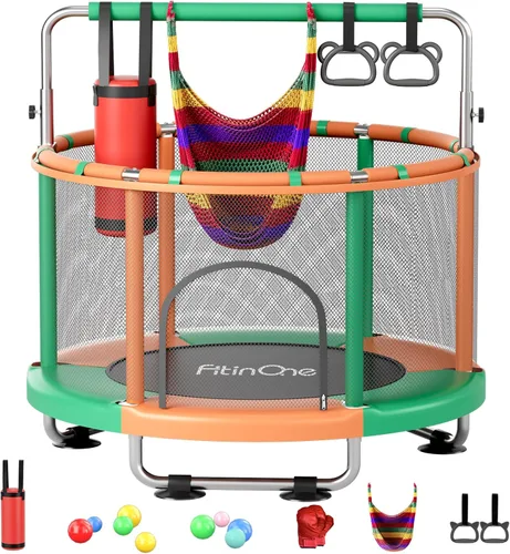 55" Toddler Mini Trampoline for Kids, Indoor Outdoor Toys with Swing, 440lbs Baby Kids Trampoline, Gymnastics Bar, Birthday Gifts for Boy Girl Age